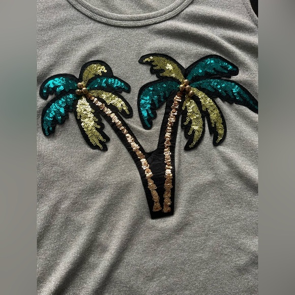RIANI Sequin Palm Tree Tank Top Green Metallic Knit Sleeveless - Picture 3 of 10